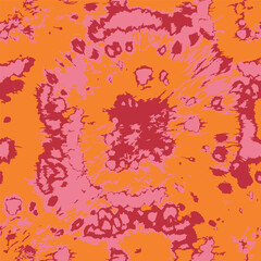 Fototapeta na wymiar Vector Tie Dye Pattern. Orange Hippie Texture. Space Dye Print. Seamless Hand Painted Organic Design. Dyed Batik. Red Wet Art Print. Watercolor Print. Abstract Grunge Ethnic Design.