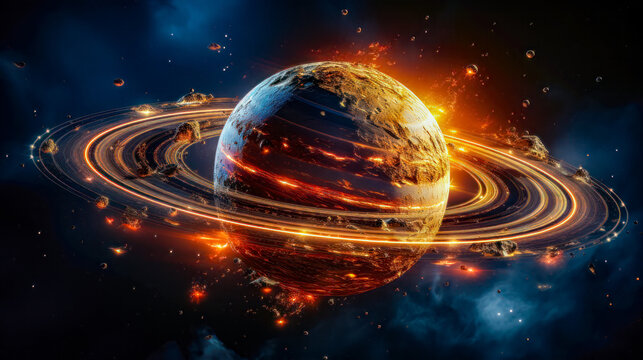 A Digital Art Image of Glowing Explosion Fiery Orange Rings Planet and a Nebula Background AI Generated