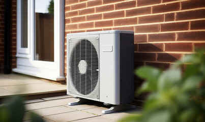 An air source heat pump heating unit installed on the outside of a house