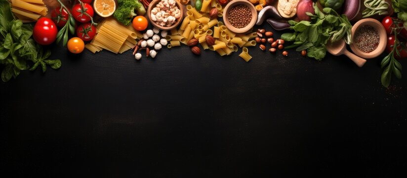 Italian pasta dishes forming a frame for copy space, taken from above on a dark background. The selection includes varieties with meat, vegetables, seafood, chicken, and mushrooms. Ravioli, olives,