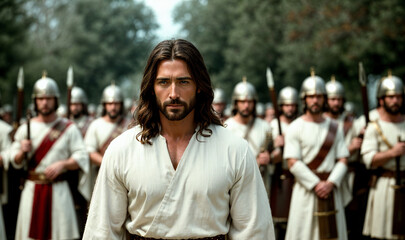 Fototapeta premium jesus christ in white clothes between roman soldiers staying being captured, soldiers with spears in background, generative AI
