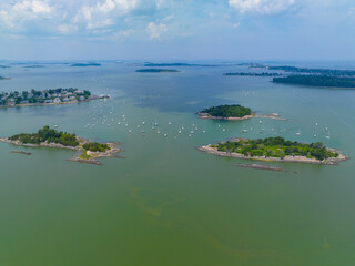 Sarah Island and Ragged Island aerial view in Hingham Harbor in town of Hingham near Boston,...