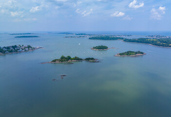 Sarah Island and Ragged Island aerial view in Hingham Harbor in town of Hingham near Boston, Massachusetts MA, USA. These Islands belong to Boston Harbor Islands Park. 