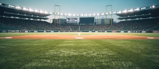 showcases a baseball field at a brightly lit outdoor stadium. The foreground is the main focus, with a shallow depth of field.