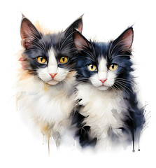 Drawn and Colored of Cute Black and White Cats Portrait on White Background. Watercolor art illustration
