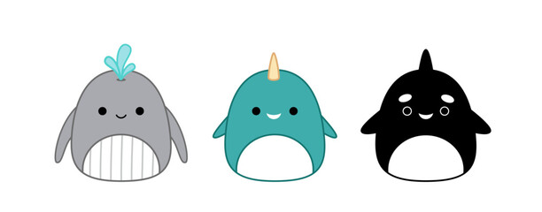 Whale, killer whale, narwhal, unicorn fish. Squishmallow. Cute soft plush toy Pillow Cartoon kawaii vector © Aleksandra