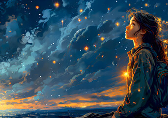 Girl watching the stars in night sky
