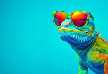 Funny chameleon with glasses on orange background - AI generated
