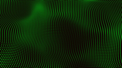 Obraz premium Green digital dots form wave and black abstract background. Futuristic, Modern, Digital, Abstract and technology dots wave background. Dot pattern with halftone effect. Half tone fade background. 3d
