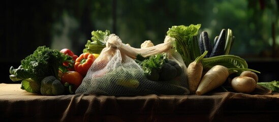 Local, farm-produced organic food in a mesh bag consisting of green vegetables, fruits, and a baguette. A plastic-free shopping option.