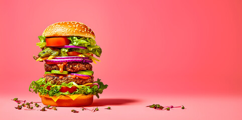 Giant Vegan burger isolated on pink background - AI generated
