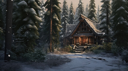 Winter house cottage in the forest snowy night landscape