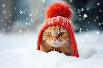 A cute ginger cat in a red knitted hat sits in the snow. Snowy winter background. Concept of pets family members. - obrazy, fototapety, plakaty