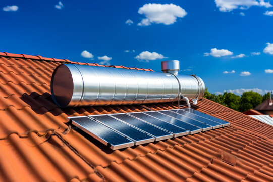Small solar water heating system - panel and cylinder tank - installed on a house roof. Generative AI