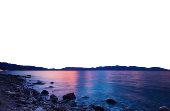 sunset reflecting on a lake at dusk. transparent isolated PNG file. 