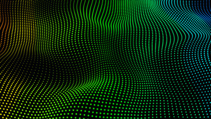 Obraz premium Multicolor digital dots and black abstract background. Futuristic, Modern, Digital, Abstract and technology dots wave background. Dot pattern with halftone effect. Half tone fade background. 3d