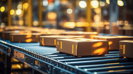 cardboard boxes and parcels on conveyor belt line modern transport 