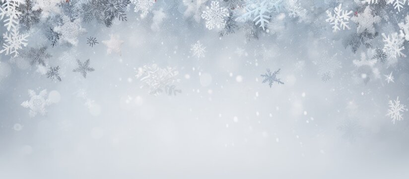 A Christmas picture made up of snowflakes on a pale gray background. Represents the winter season. Photographed from above with the frame laid out and room for text.