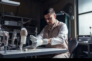 Engineer holding bionic hand while developing prothesis