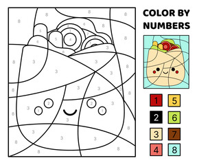 Doner kebab. Color by number. Squishmallow. Coloring page. Game for kids Kawaii cartoon vector