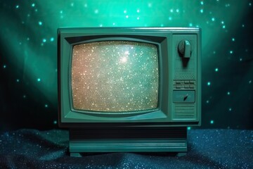 Retro television on table in room with lights on background, closeup