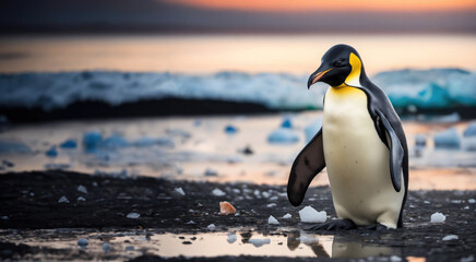Lost Habitat. emperor penguin amidst melted ice and lost habitat - a stark portrayal of climate change consequences. Climate change impact on penguins