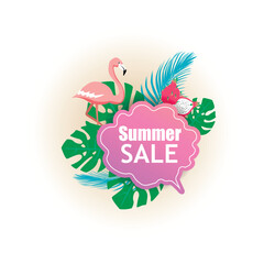 Summer sale vector illustration with flamingo and tropical leaves