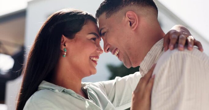 Smile, couple and forehead touch outdoor for love, affection or bonding together. Man, happy woman and romantic moment in trust, support or commitment in marriage for loyalty, happiness or intimate