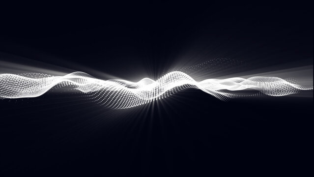 Black abstract background and white digital dots form wave. Futuristic, Modern, Digital, Abstract and technology dots wave background. Data technology. Connecting dots and lines on black background. 