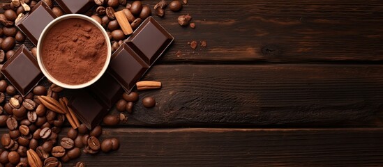 displays a close-up, top view of a composition consisting of various dark chocolate bars and pieces, cups of cocoa topped with grated chocolate, and hazelnuts. The scene is set on a brown wooden