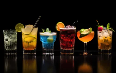 Fotobehang Set of various alcoholic cocktails in glasses isolated on black background for bar menu. Assortment of different colorful cocktails. 3d render illustration style. © SnowElf