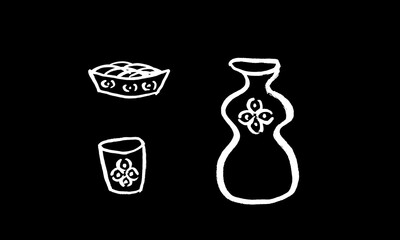 Vector image of a sake bottle and glass in a calligraphic style.Ink, brush, drawing, sketch, graphics, doodle, minimalism, oriental tradition. Japanese restaurant, cafe, alcohol, bar. White on black.