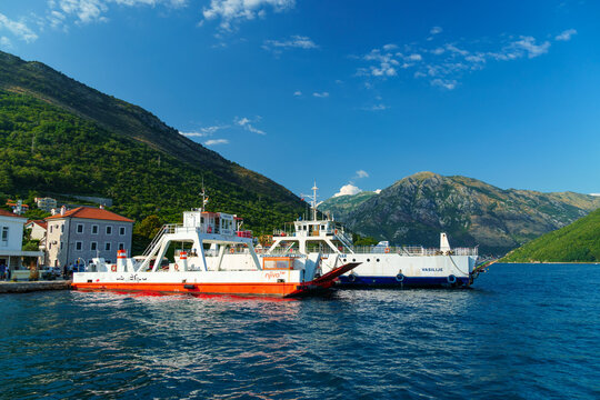 Lepetane - Kamenari Ferry, Montenegro, June 30, 2023 - the sea ferry transports cars and passengers