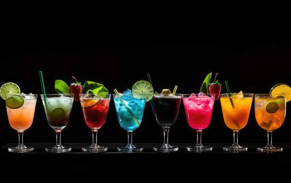 Set of various alcoholic cocktails in glasses isolated on black background for bar menu. Assortment of different colorful cocktails. 3d render illustration style.