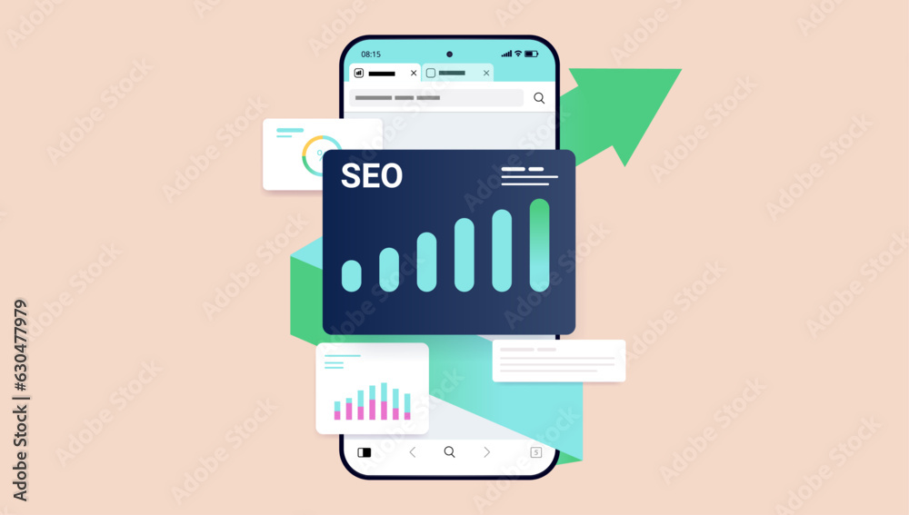 Leinwandbilder seo growth - vector illustration of phone with chars and diagram showing search engine optimisation 