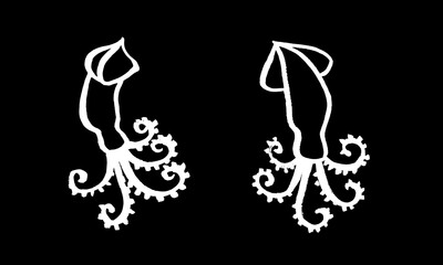 Vector set of two images of octopuses in calligraphic style. Brush, ink, minimalism, hand drawing, sketch. Japan, China, fish restaurant, menu. White on black. Eps10