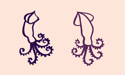 Vector set of two octopuses in calligraphic style. Brush, ink, doodle, hand drawing, sketch. Japan, China, fish restaurant, cafe, oriental cuisine. Purple, beige. Eps10