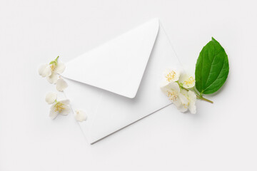 Composition with envelope and beautiful jasmine flowers on light background