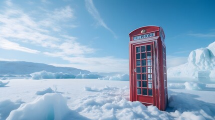 Kommunikation auf Eis: Die Rote Telefonzelle in der Antarktis - obrazy, fototapety, plakaty