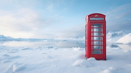 Kommunikation auf Eis: Die Rote Telefonzelle in der Antarktis - obrazy, fototapety, plakaty
