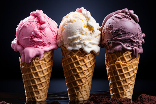 Icecream in waffle cones with strawberry, chocolate and vanila flavor. Generative Ai image