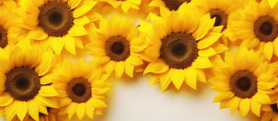 A sunflower background with open space. Sunflowers are yellow and fresh. They are laid flat with a top view, providing copy space. This background can be used for autumn or summer concepts. It is