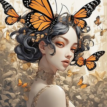 a woman with butterflies on her head. ai generated images