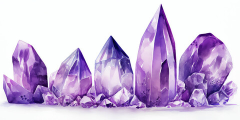 Row of purple amethyst crystals watercolor illustration isolated with transparent shadow - Generative AI