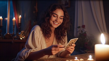 Defocused young woman reading tarot cards at table with candles in dark room. Generative AI