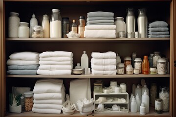 Household objects such as toilet paper rolls, white bathroom towels, and bottles of cosmetics are stored on shelves inside the bathroom cabinet. The wardrobe is neatly arranged, with bedding, linens