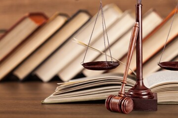 Legal office, justice concept, wooden gavel on desk