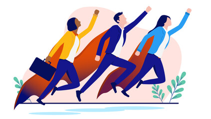 Business superhero team - Three ambitious businesspeople with cape flying upwards towards success. Flat design vector illustration with white background © Knut