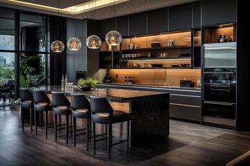 Contemporary oversized high end furniture for a kitchen with a sophisticated dark gray color scheme. - Powered by Adobe