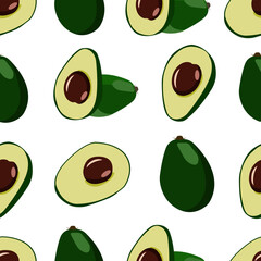 Color illustration of avocado fruit seamless pattern. Whole fruit and half diagonally. Simple doodle style. Isolated objects on a white background, for banners, cards, flyers, social media wallpapers.